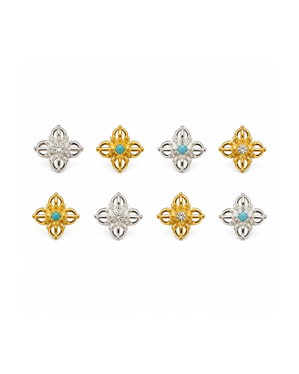 Vajra Stud Earrings - silver and gold comparison grid, 8 pieces
