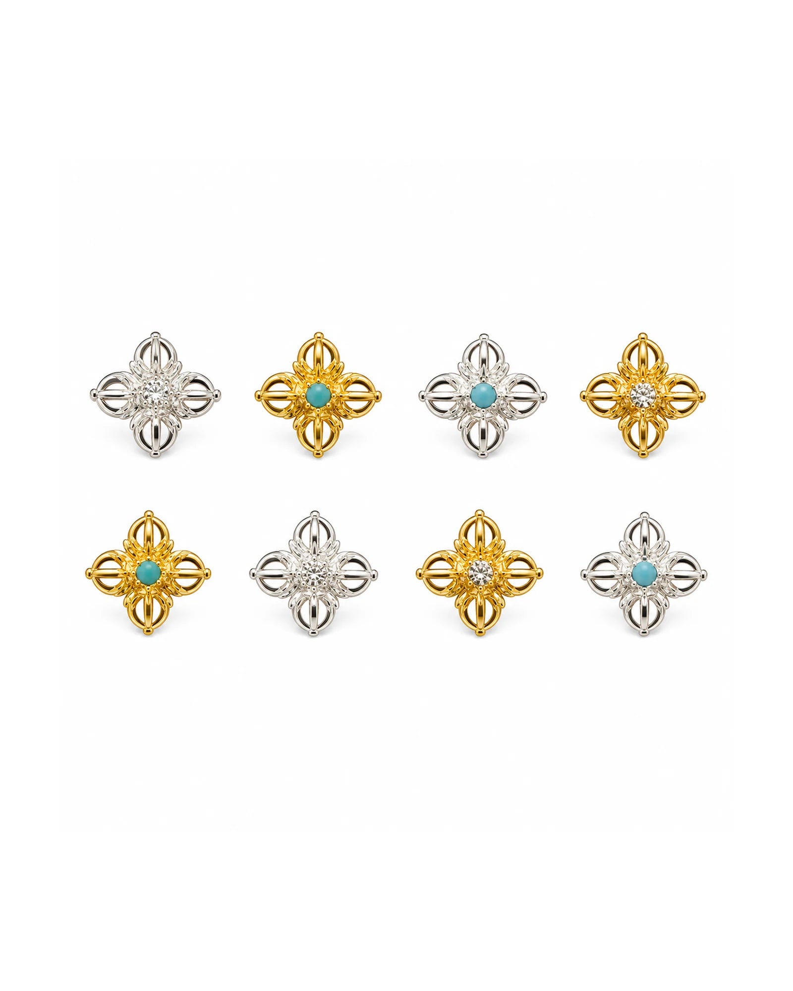 Vajra Stud Earrings - silver and gold comparison grid, 8 pieces