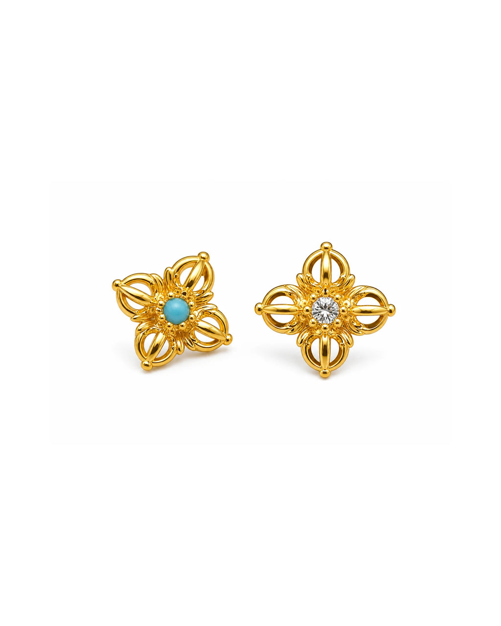 Vajra Stud Earrings - gold pair on white, turquoise center and diamond center