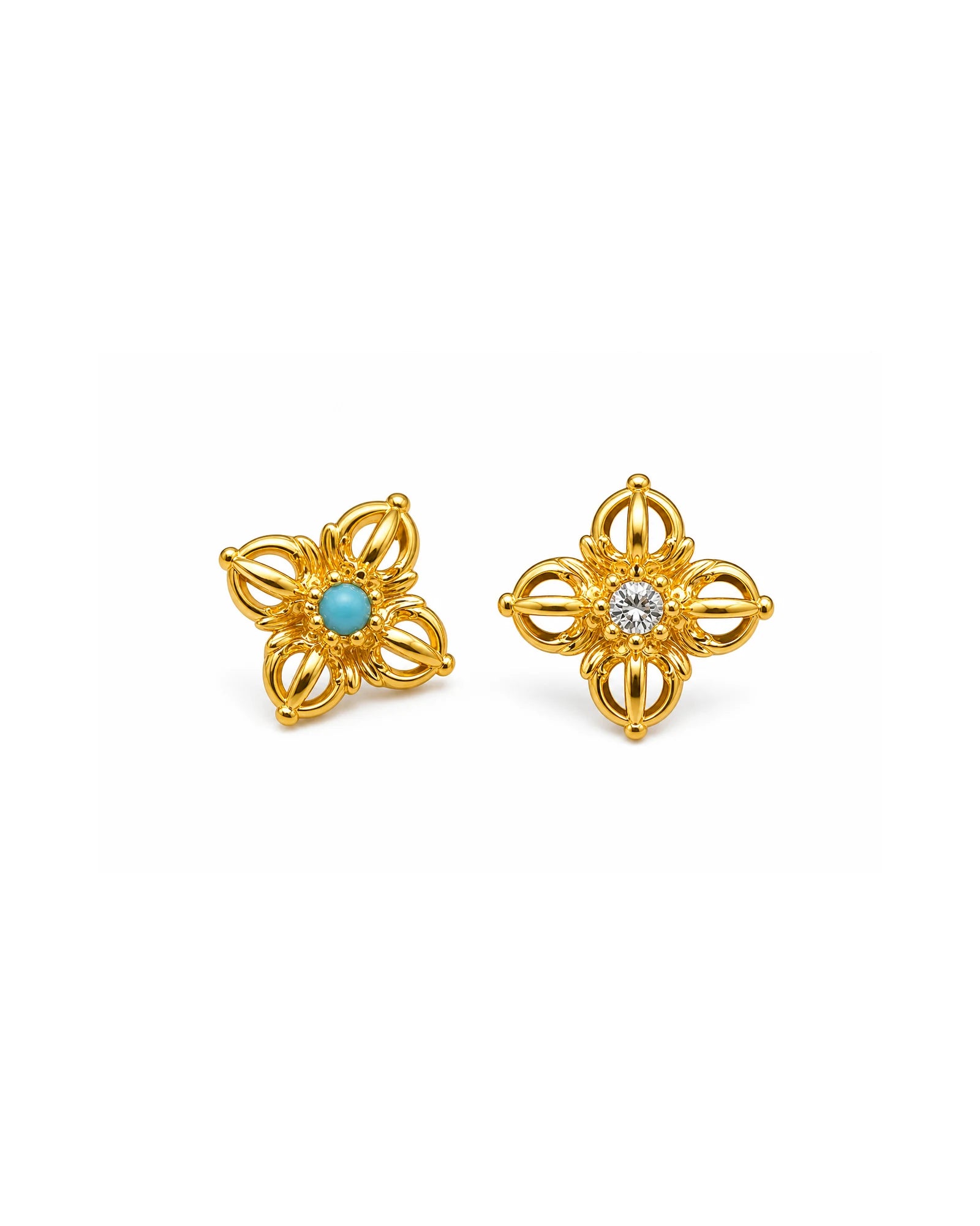 Vajra Stud Earrings - gold pair on white, turquoise center and diamond center