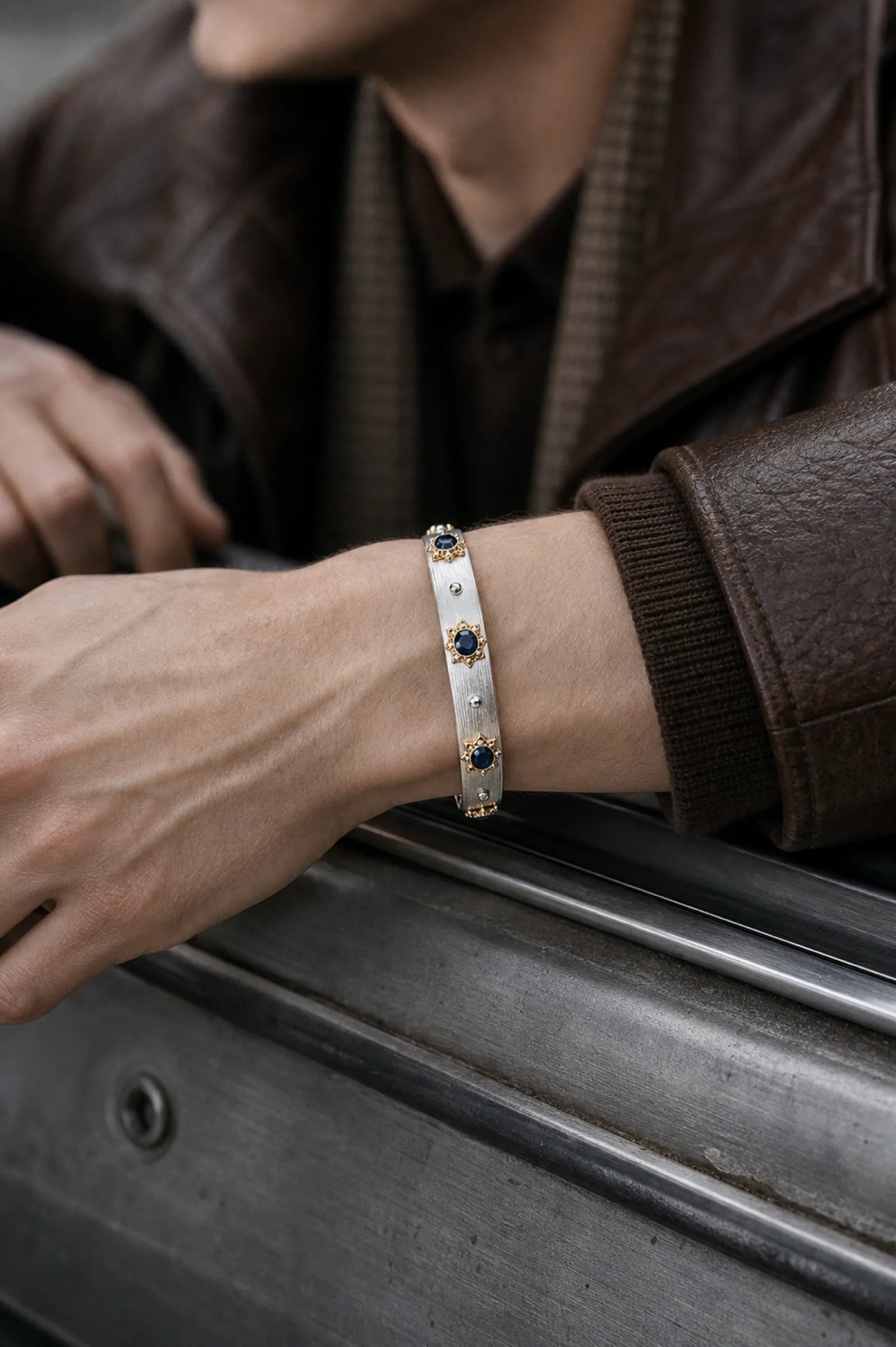 Sapphire Cuff - worn on male wrist