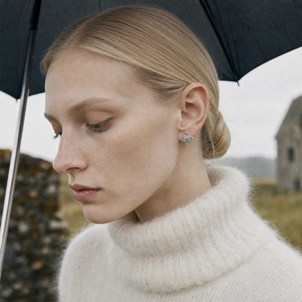 Vajra Stud Earrings - worn by model under an umbrella