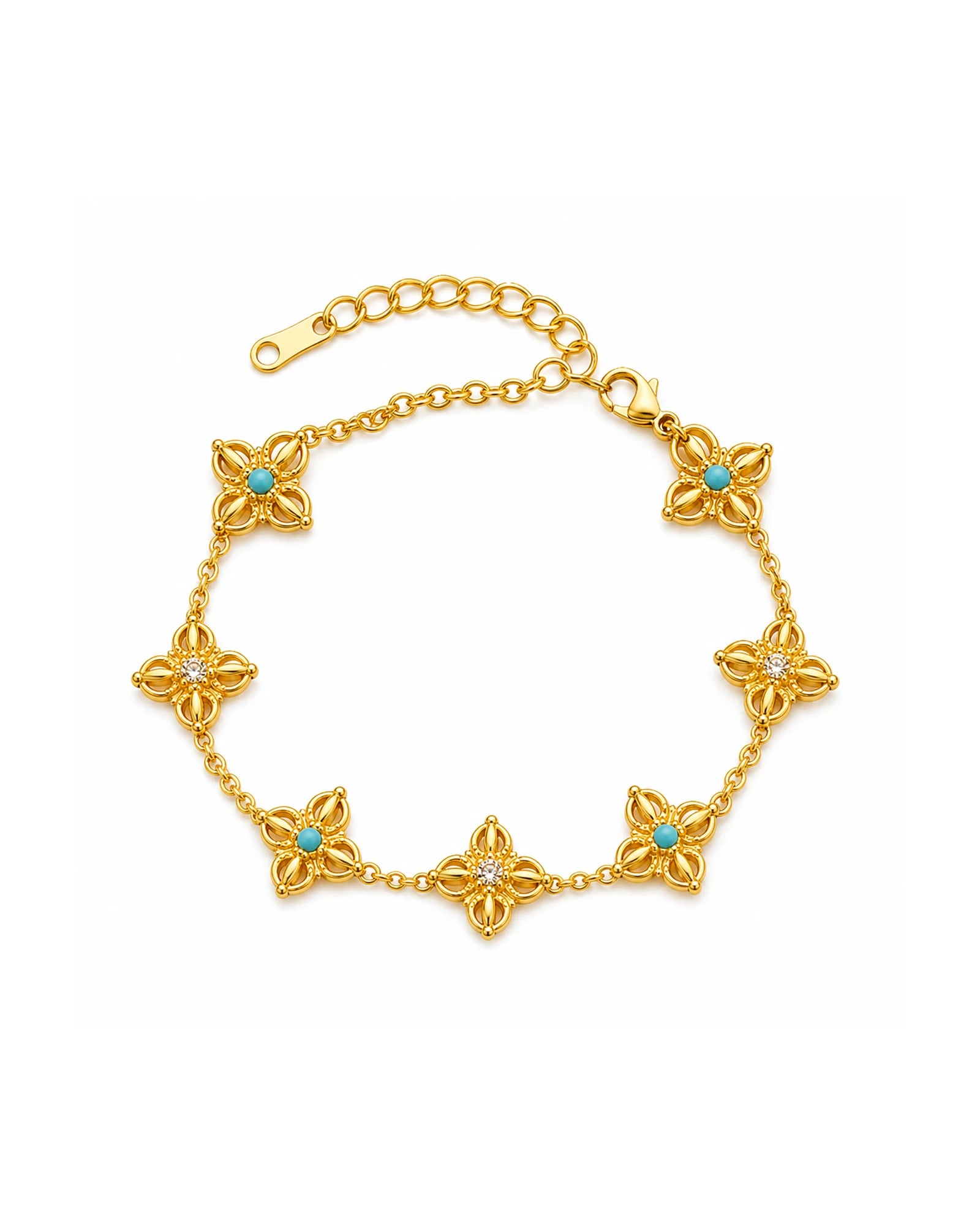 Vajra Bracelet — gold, six vajras with turquoise centers on cable chain, catalog hero
