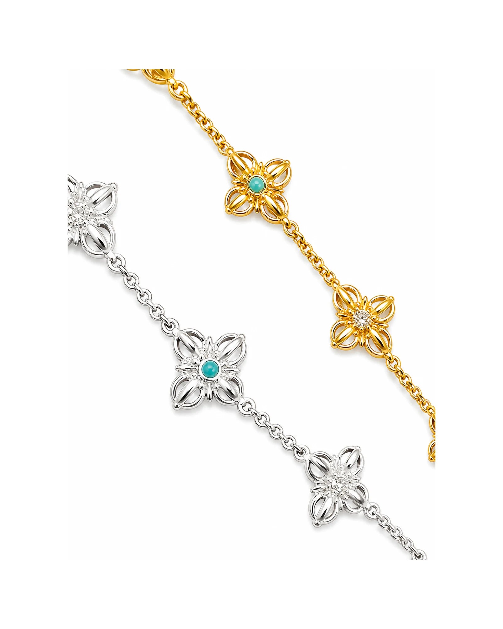 Vajra Bracelet — silver and gold colorways laid side by side